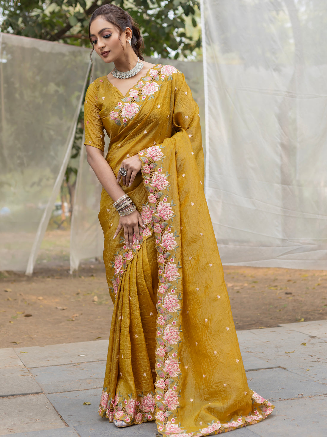 Amazing Mustard Yellow Embroidered Silk Party Wear Saree