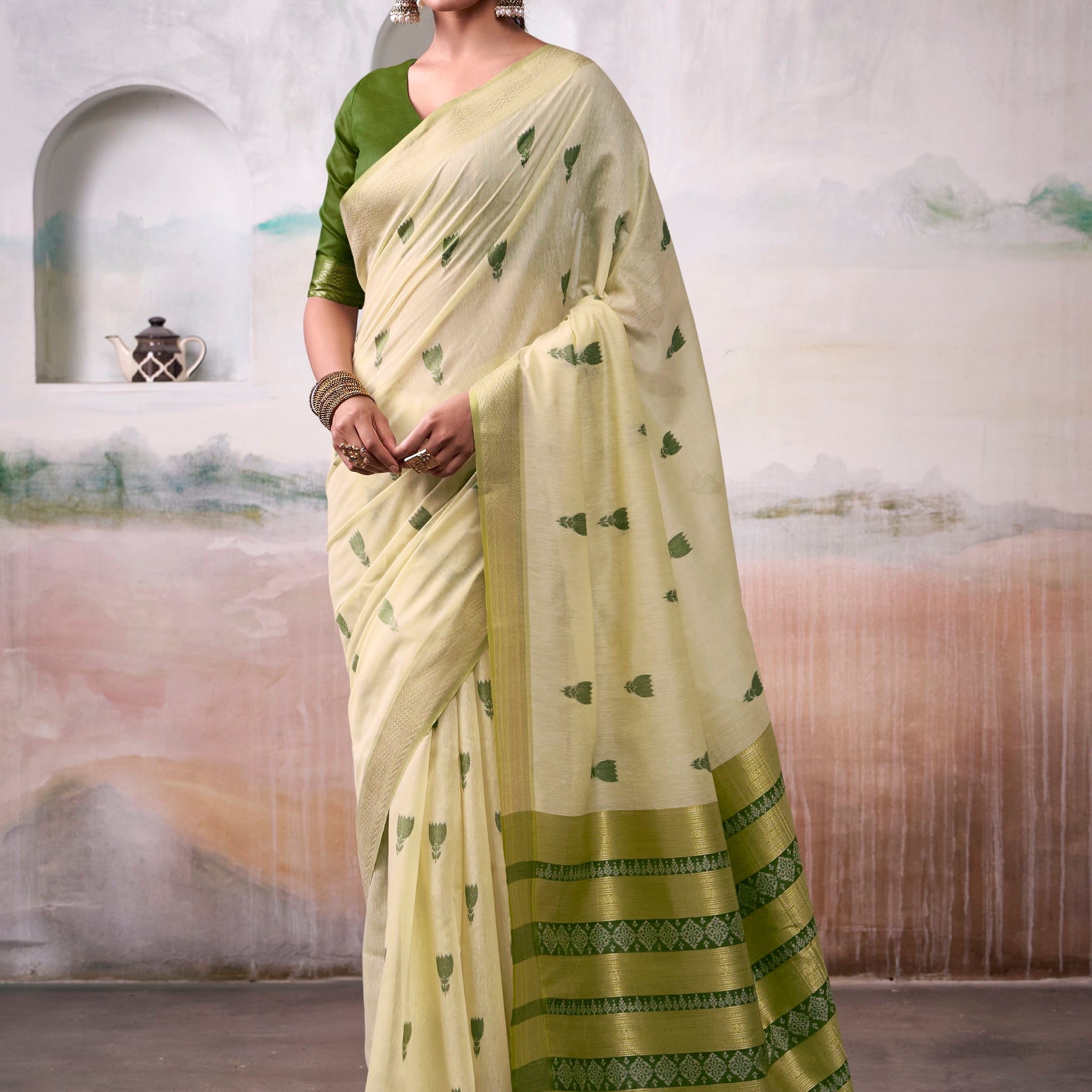Alluring Green Zari Weaving Cotton Casual Wear Saree With Blouse