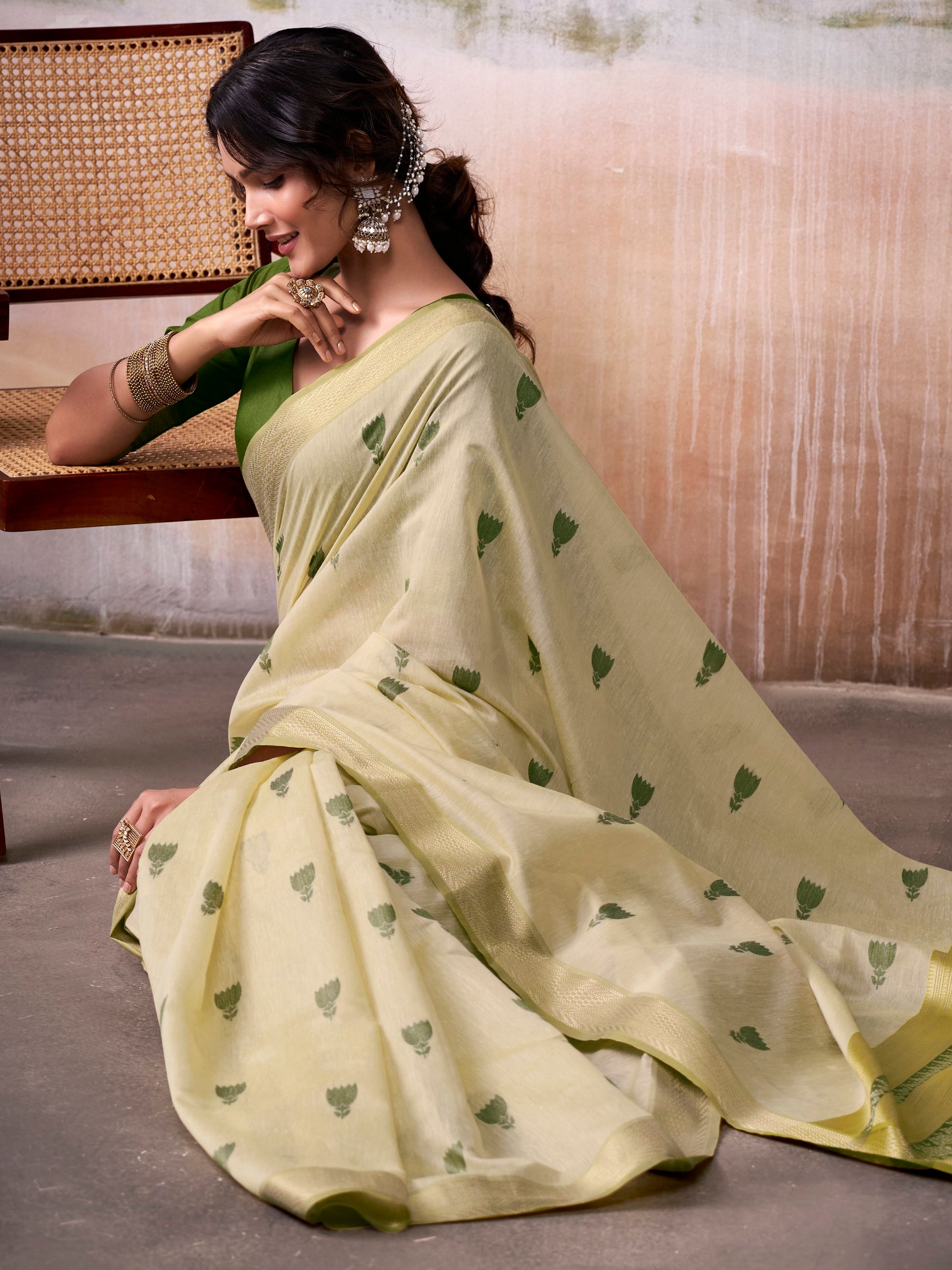 Alluring Green Zari Weaving Cotton Casual Wear Saree With Blouse
