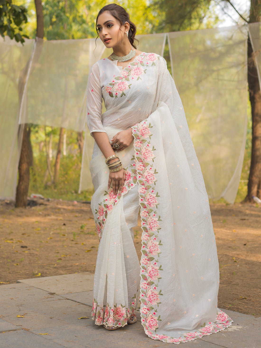 Beautiful White Embroidered Silk Party Wear Saree