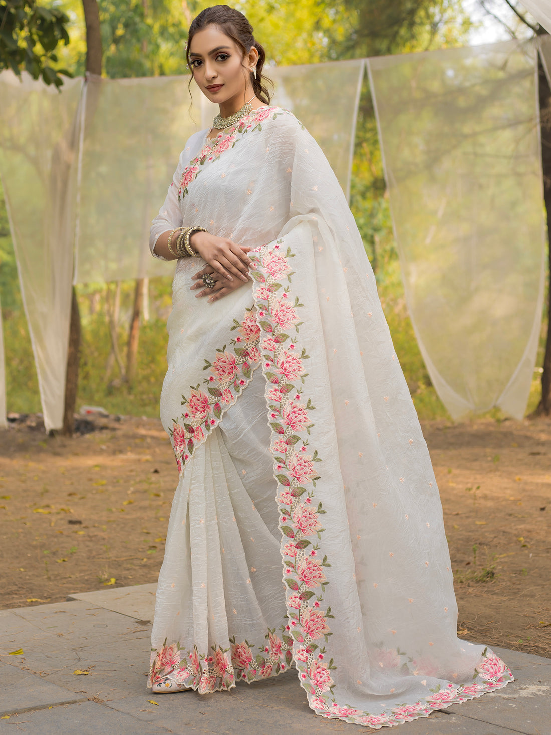 Beautiful White Embroidered Silk Party Wear Saree