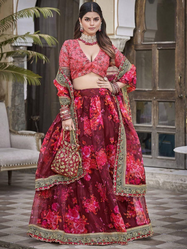 Alluring Maroon Floral Printed Organza Wedding Wear Lehenga Choli
