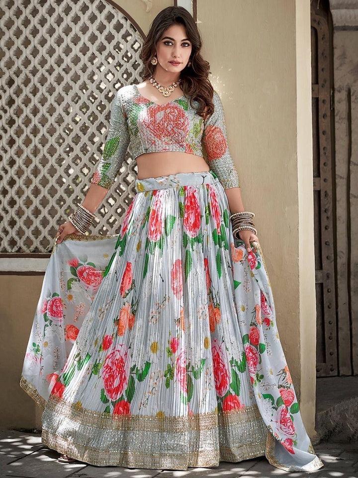 Alluring Sky Blue Floral Printed Chinon Engagement Wear Lehenga Choli