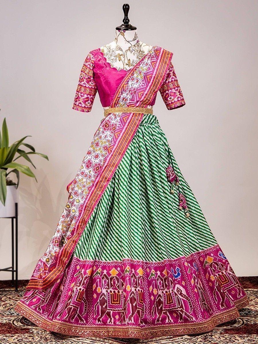 Desirable Green Patola Print Chinon Lehenga Choli With Dupatta