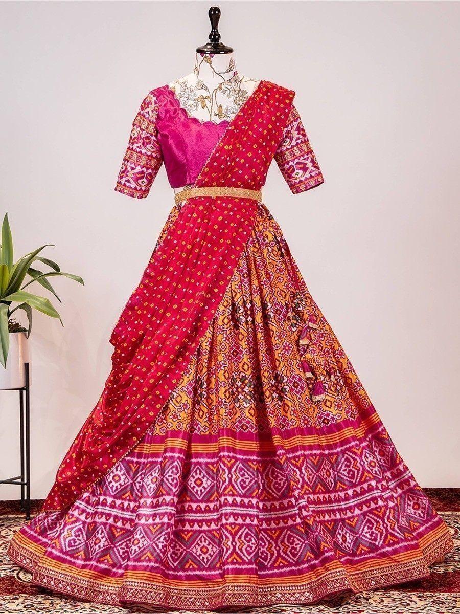 Lovely Pink Leheriya-Patola Printed Chinon Lehenga Choli With Dupatta