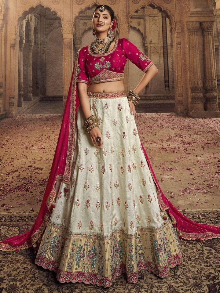 Awesome White Embroidered Viscose Silk Wedding Wear Lehenga Choli
