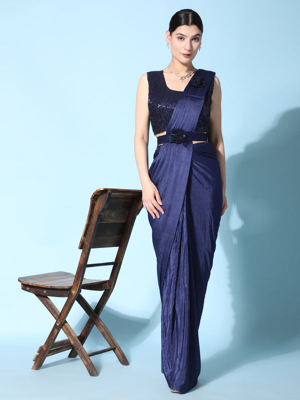 Gorgeous Blue Satin Ready To Wear Designer Saree With Blouse
