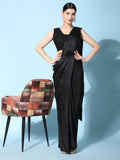 Stunning Black Satin Readymade Reception Wear Saree With Blouse