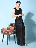 Stunning Black Satin Readymade Reception Wear Saree With Blouse