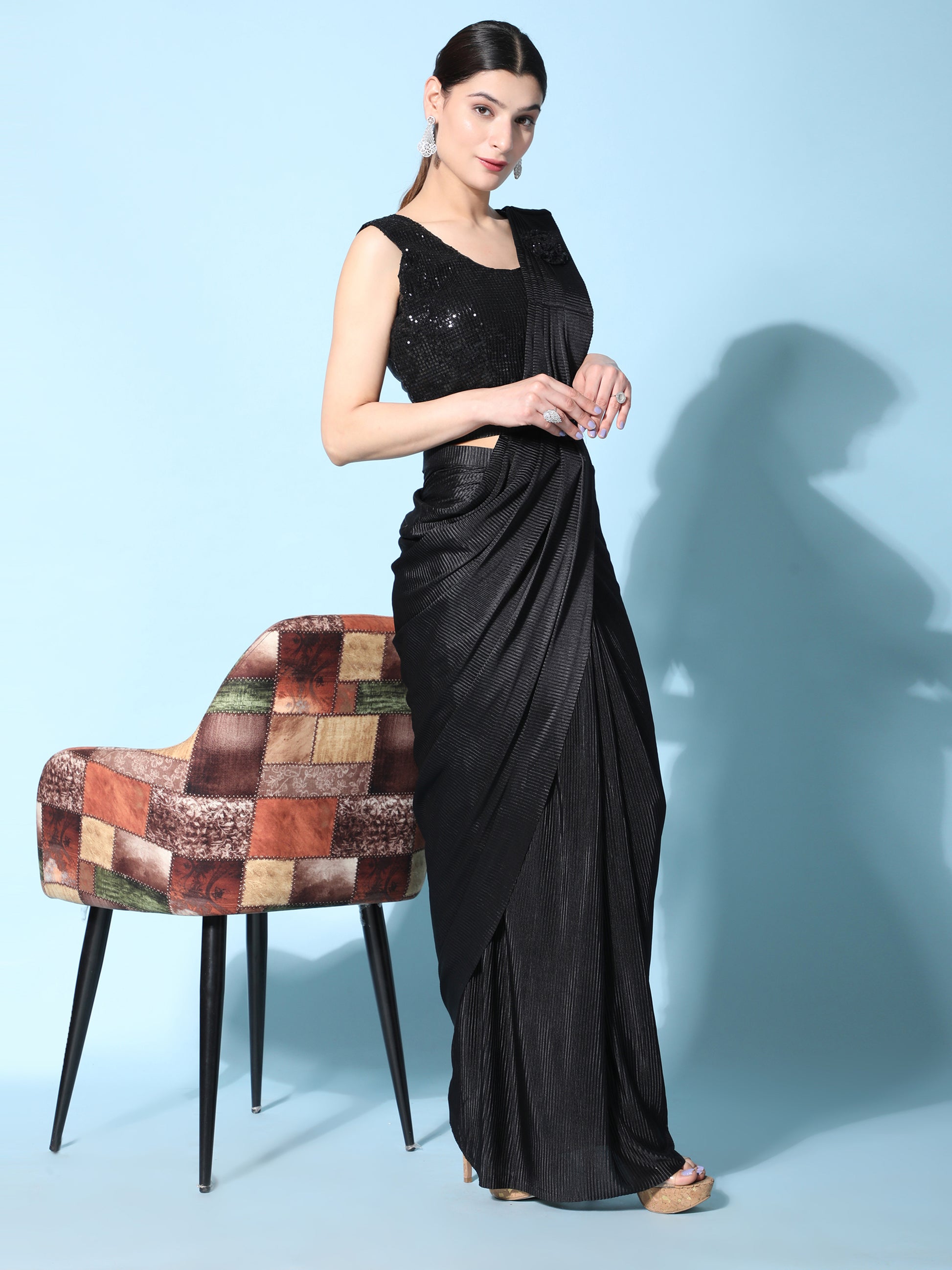 Stunning Black Satin Readymade Reception Wear Saree With Blouse