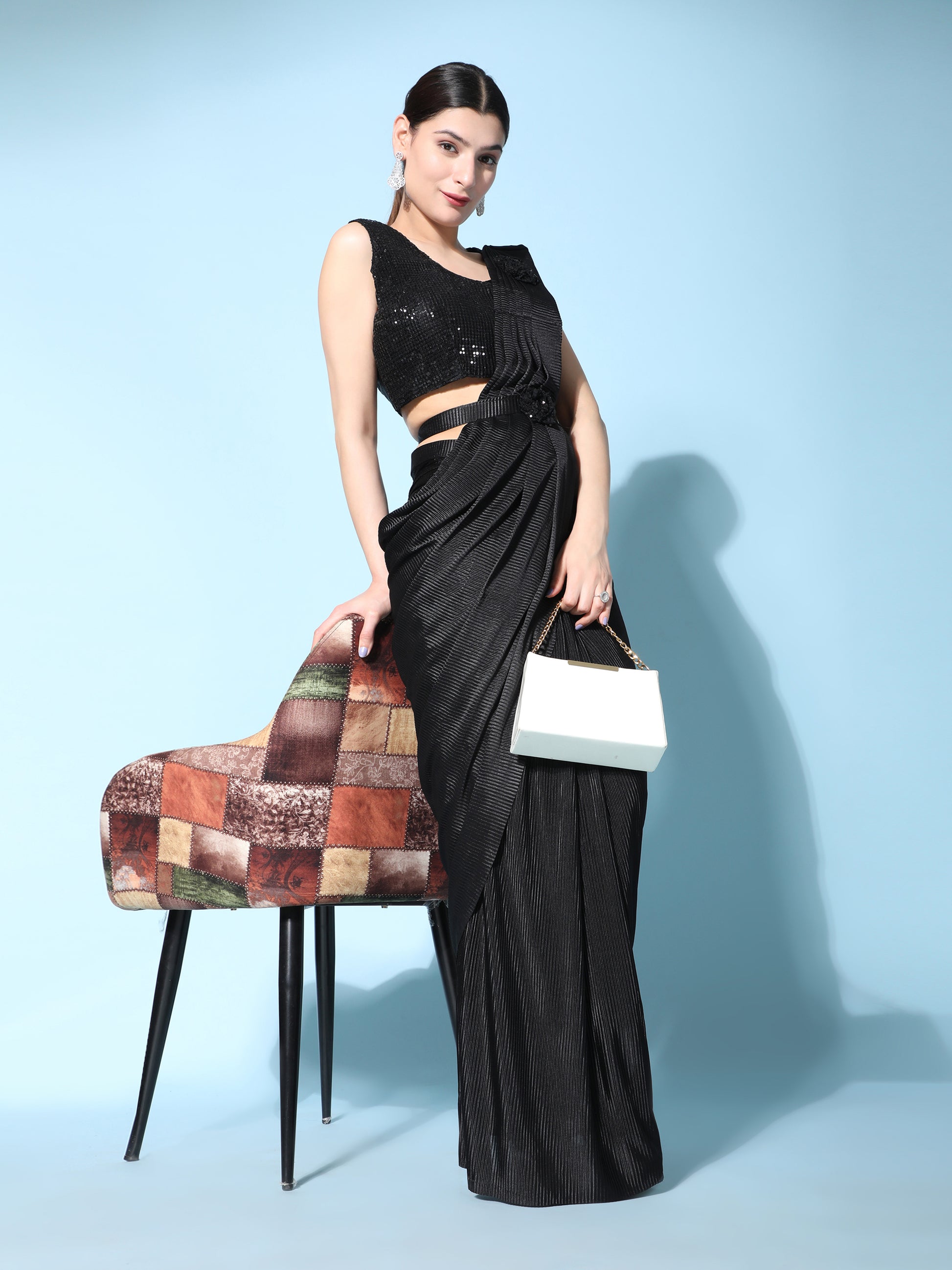 Stunning Black Satin Readymade Reception Wear Saree With Blouse