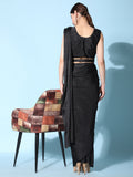 Stunning Black Satin Readymade Reception Wear Saree With Blouse