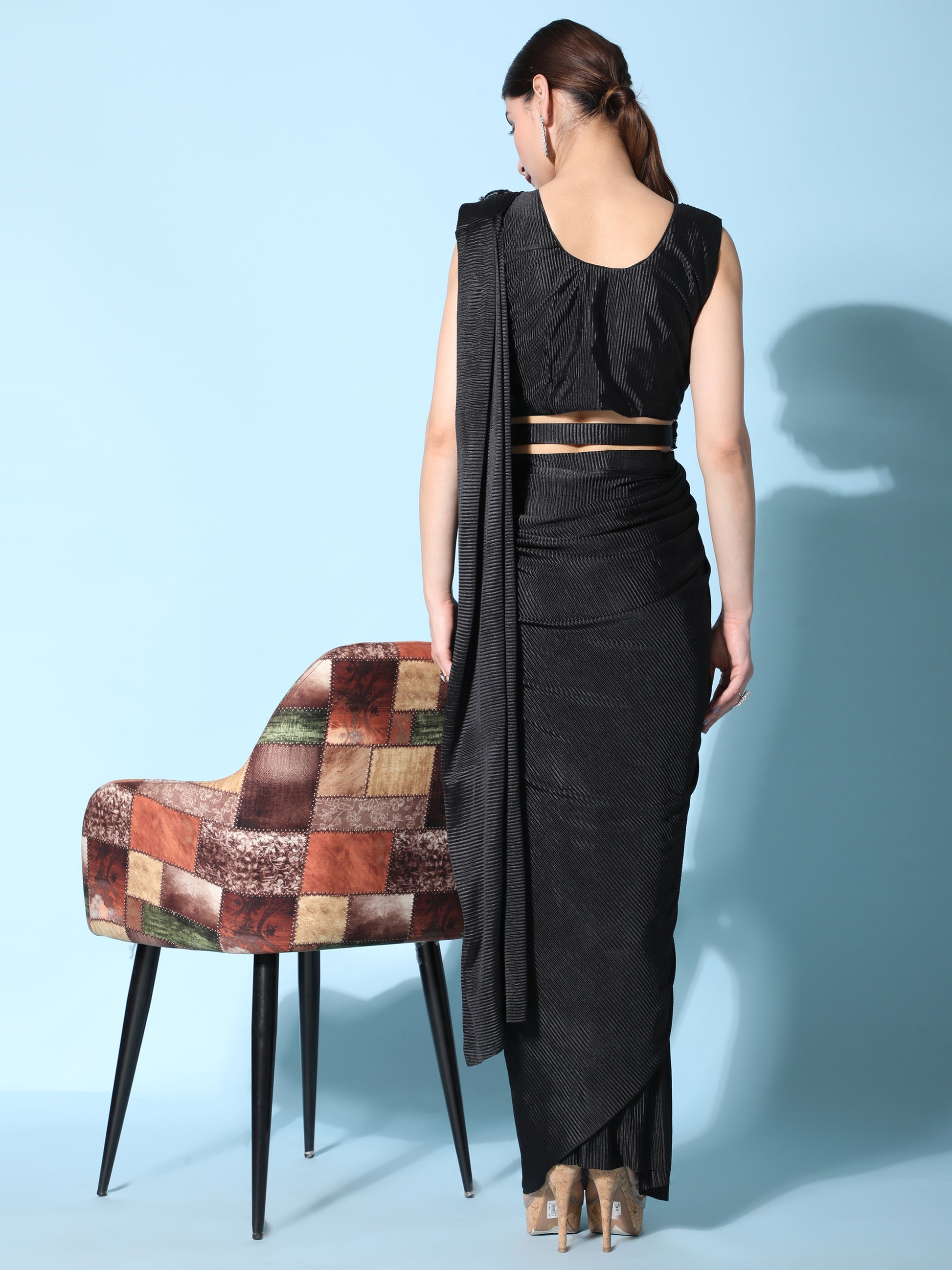 Stunning Black Satin Readymade Reception Wear Saree With Blouse