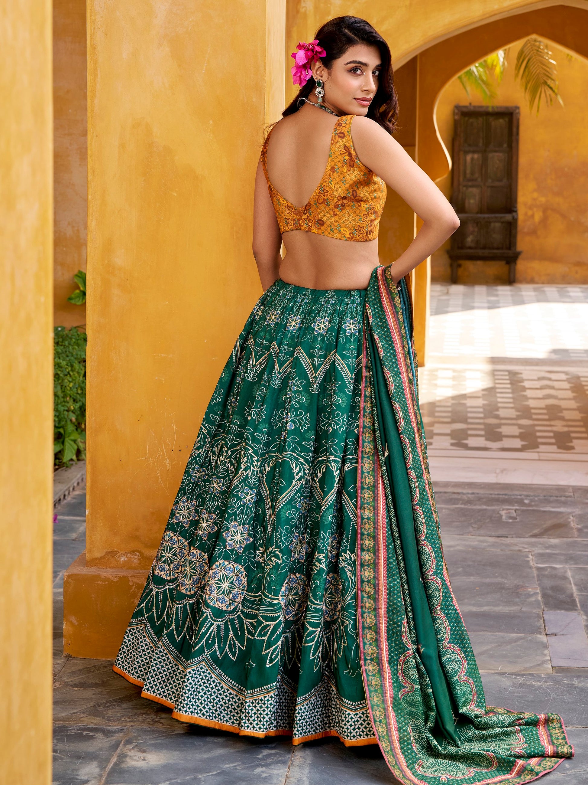 Grand Bottle Green Bead Work Silk Mehendi Wear Lehenga Choli With Dupatta