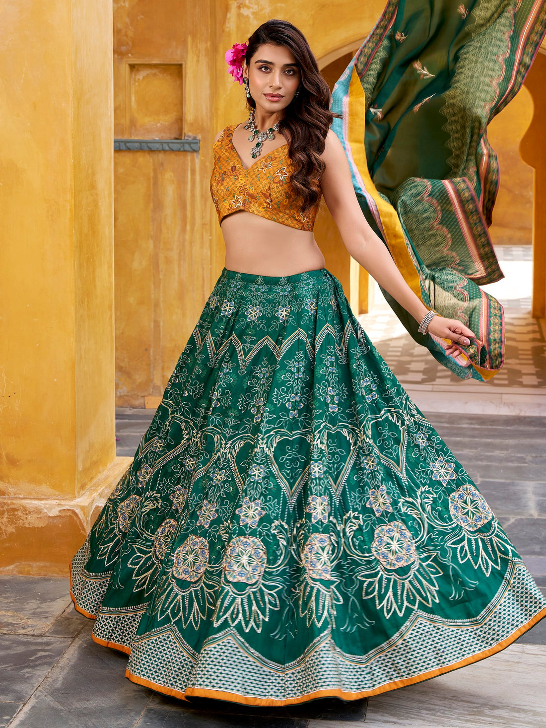 Grand Bottle Green Bead Work Silk Mehendi Wear Lehenga Choli With Dupatta