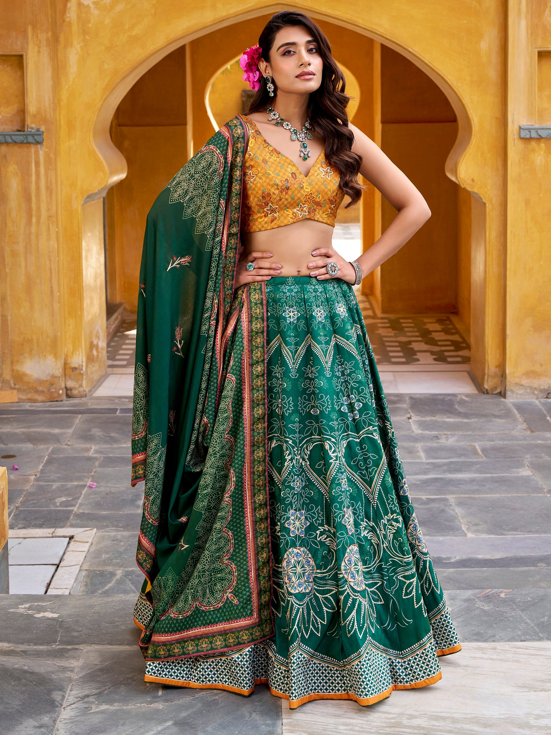 Grand Bottle Green Bead Work Silk Mehendi Wear Lehenga Choli With Dupatta