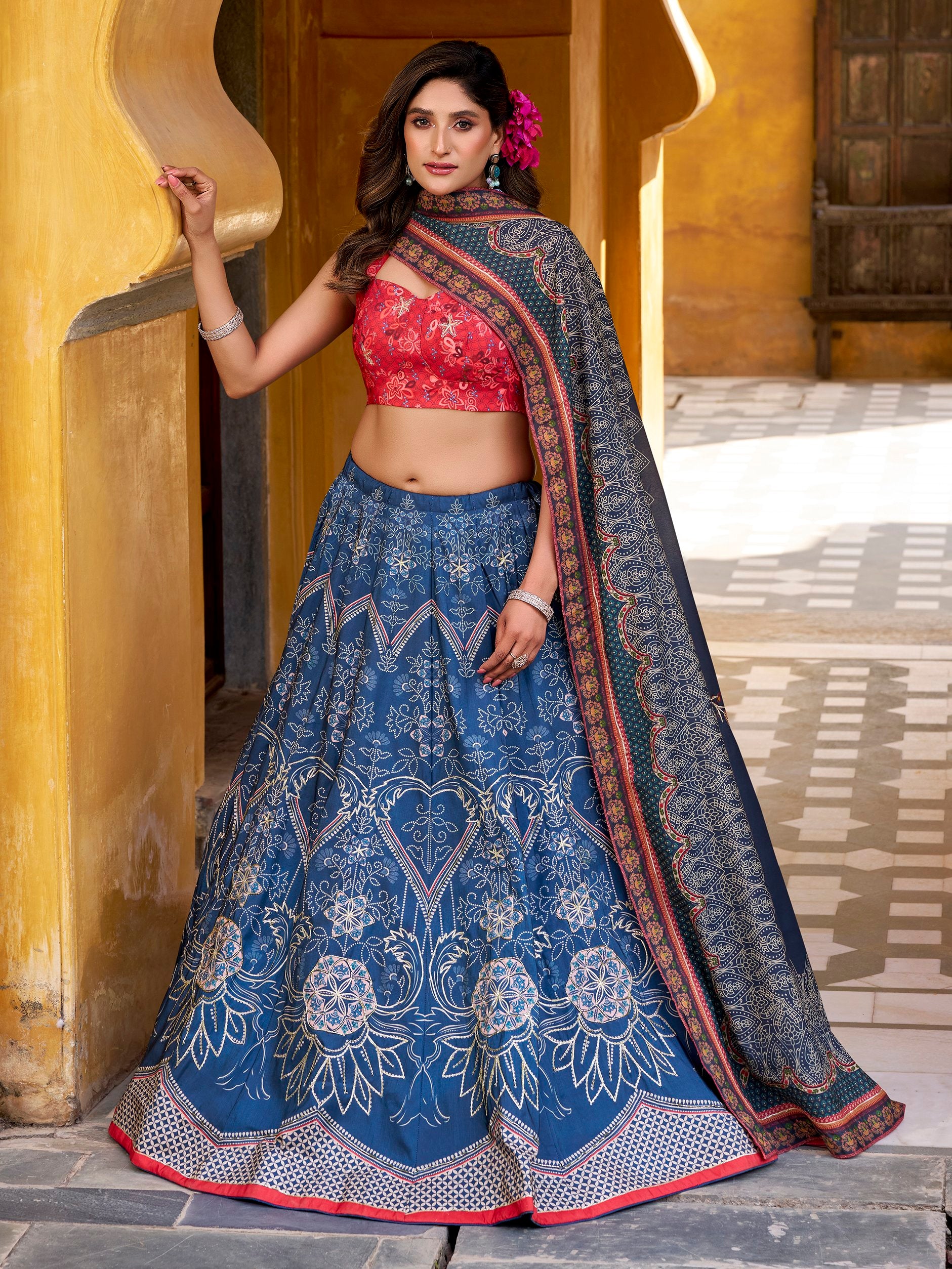 Fabulous Blue Bead Work Silk Festive Wear Lehenga With Blouse