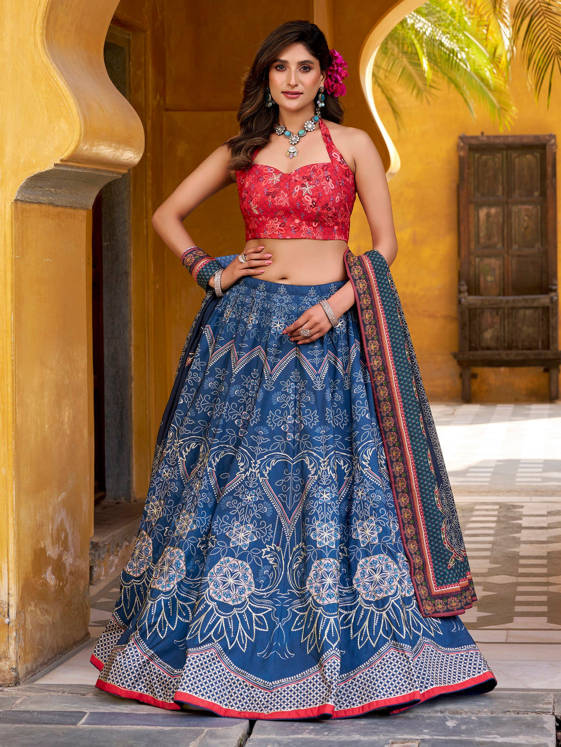 Fabulous Blue Bead Work Silk Festive Wear Lehenga With Blouse