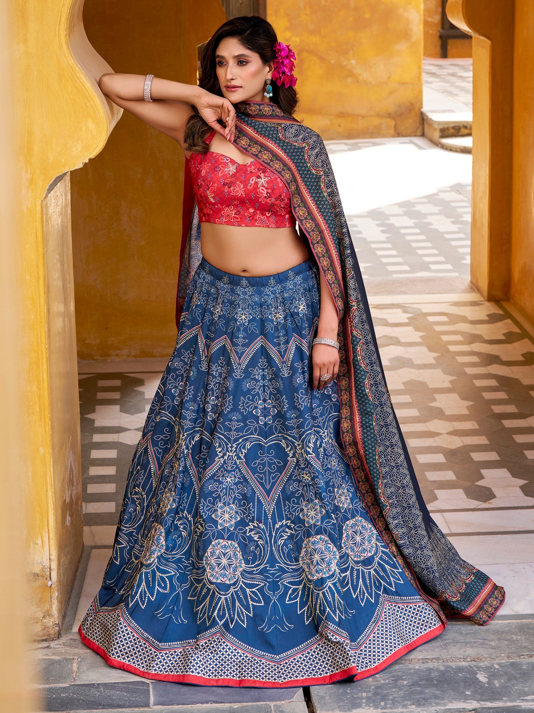 Fabulous Blue Bead Work Silk Festive Wear Lehenga With Blouse
