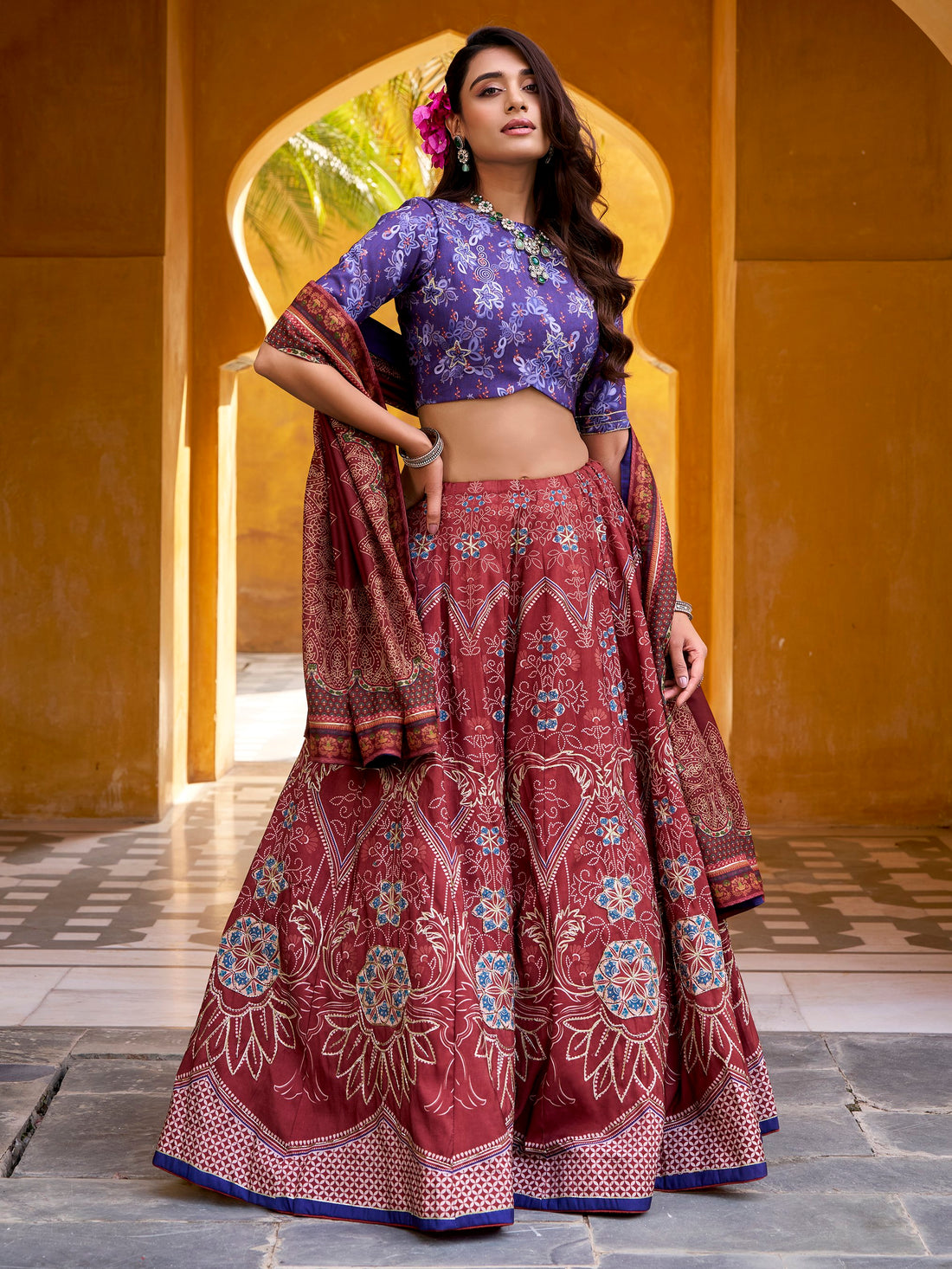Captivating Maroon Digital Printed Silk Marriage Wear Lehenga Choli With Dupatta