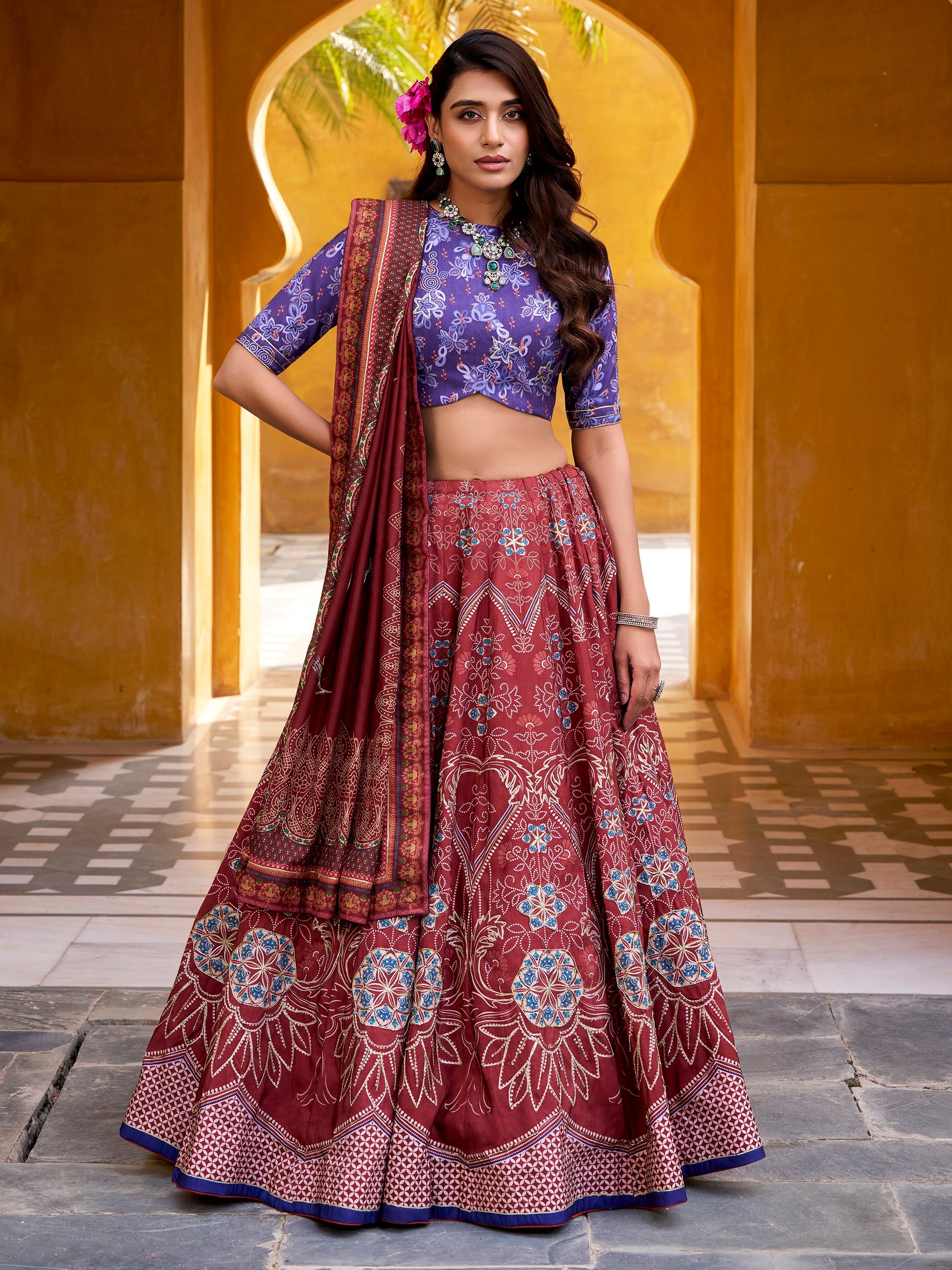 Captivating Maroon Digital Printed Silk Marriage Wear Lehenga Choli With Dupatta