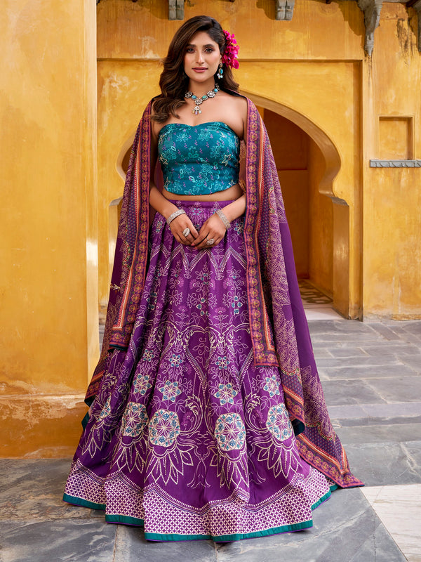 Adoring Purple Digital Printed Silk Event Wear Lehenga Choli With Dupatta