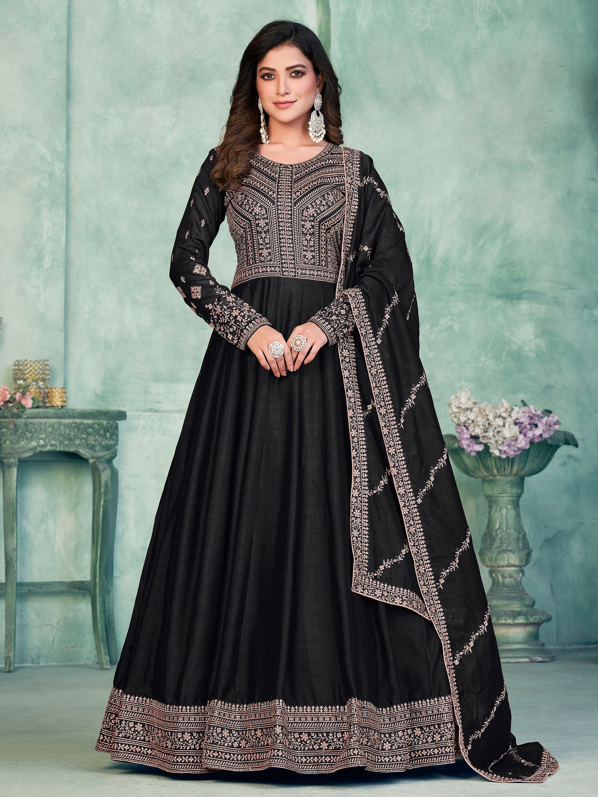 Beautiful Black Sequins Silk Reception Wear Gown With Dupatta