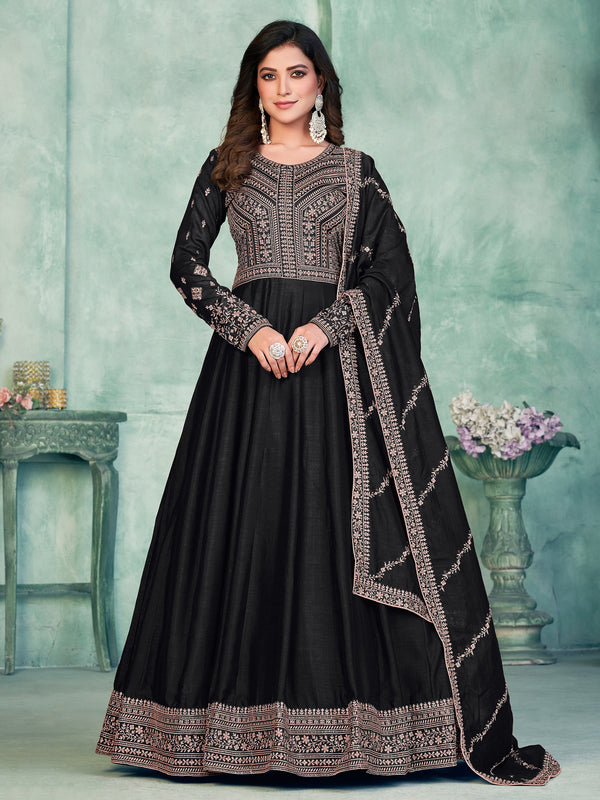 Beautiful Black Sequins Silk Reception Wear Gown With Dupatta