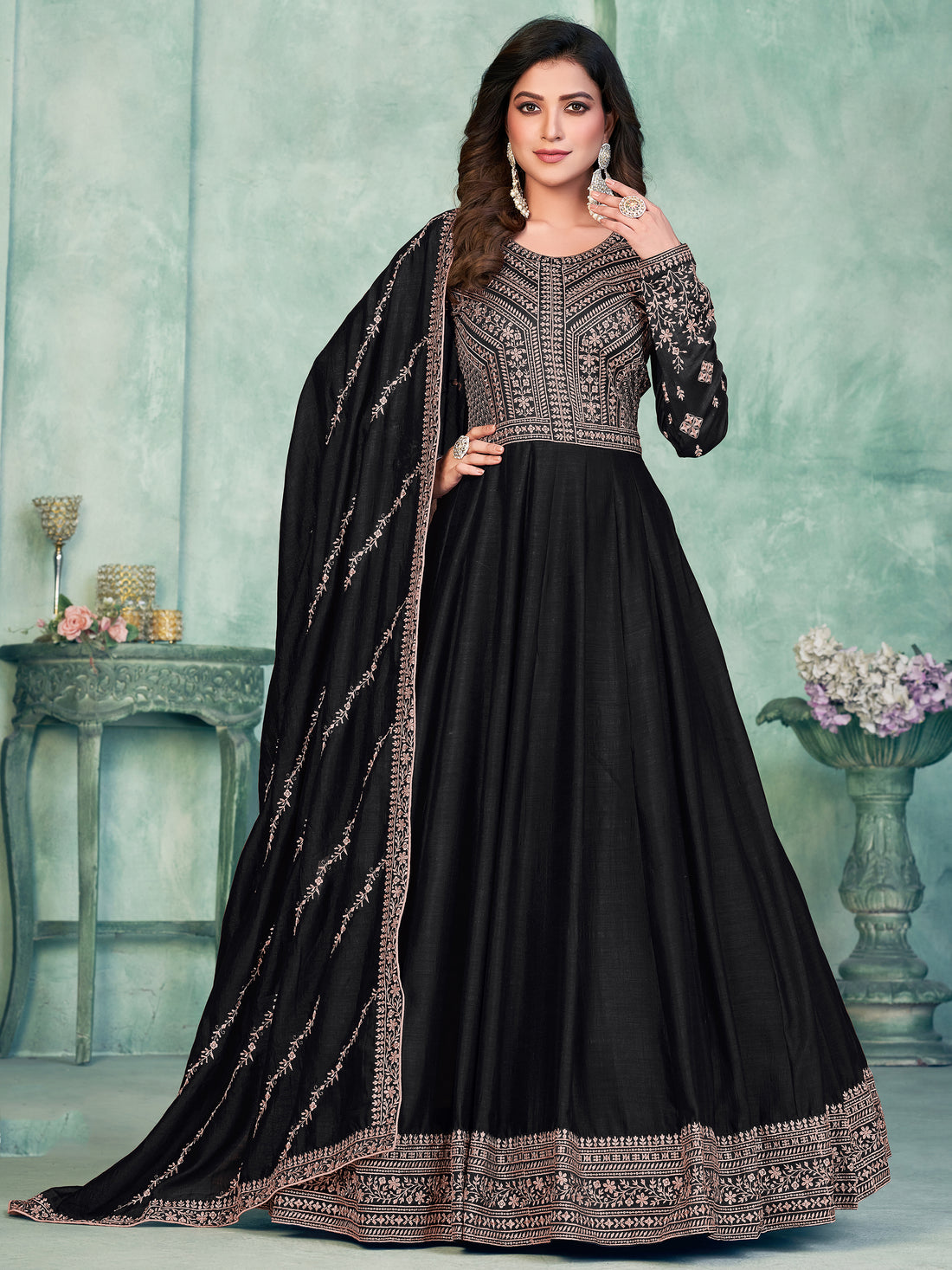 Beautiful Black Sequins Silk Reception Wear Gown With Dupatta