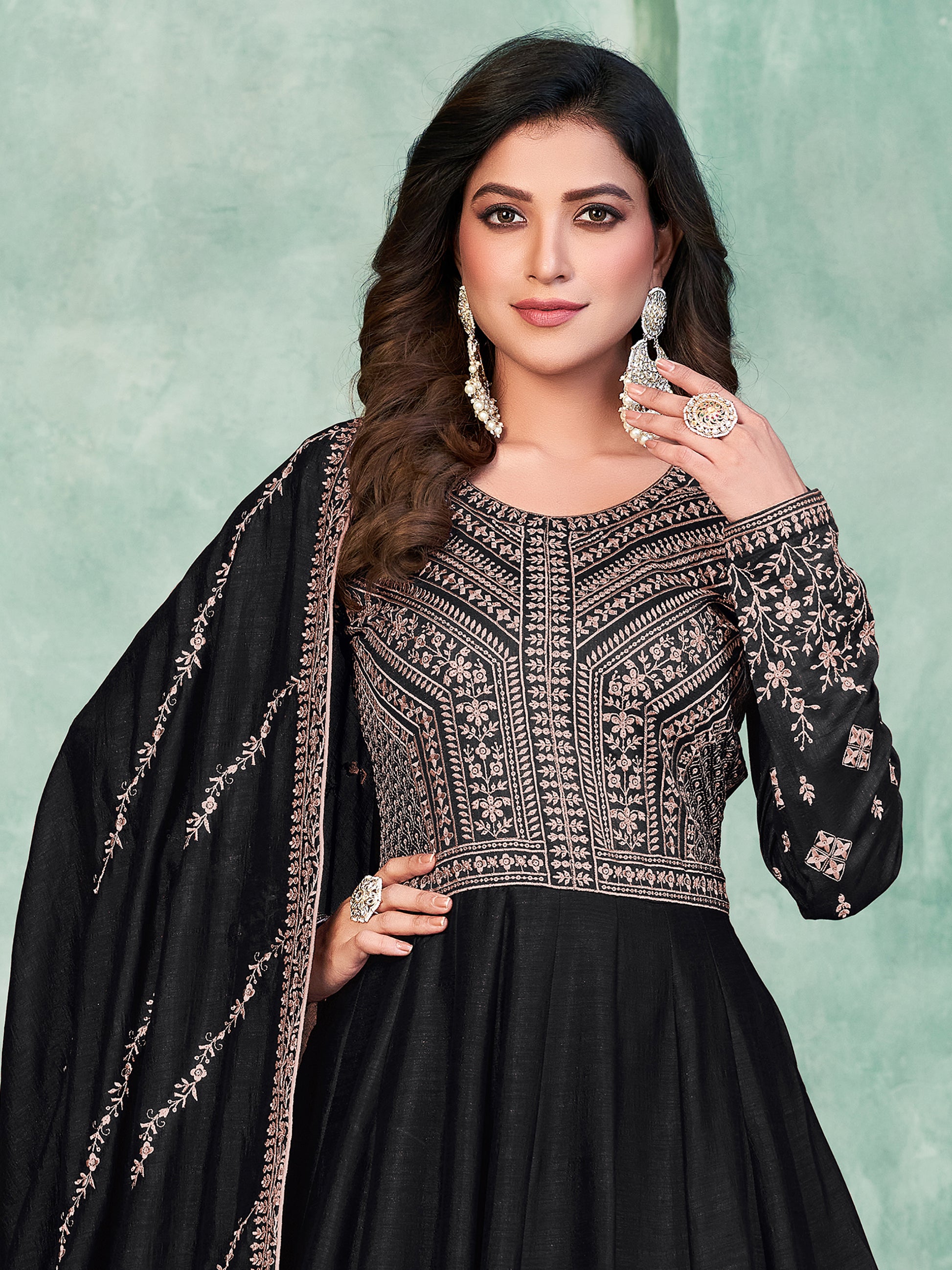 Beautiful Black Sequins Silk Reception Wear Gown With Dupatta