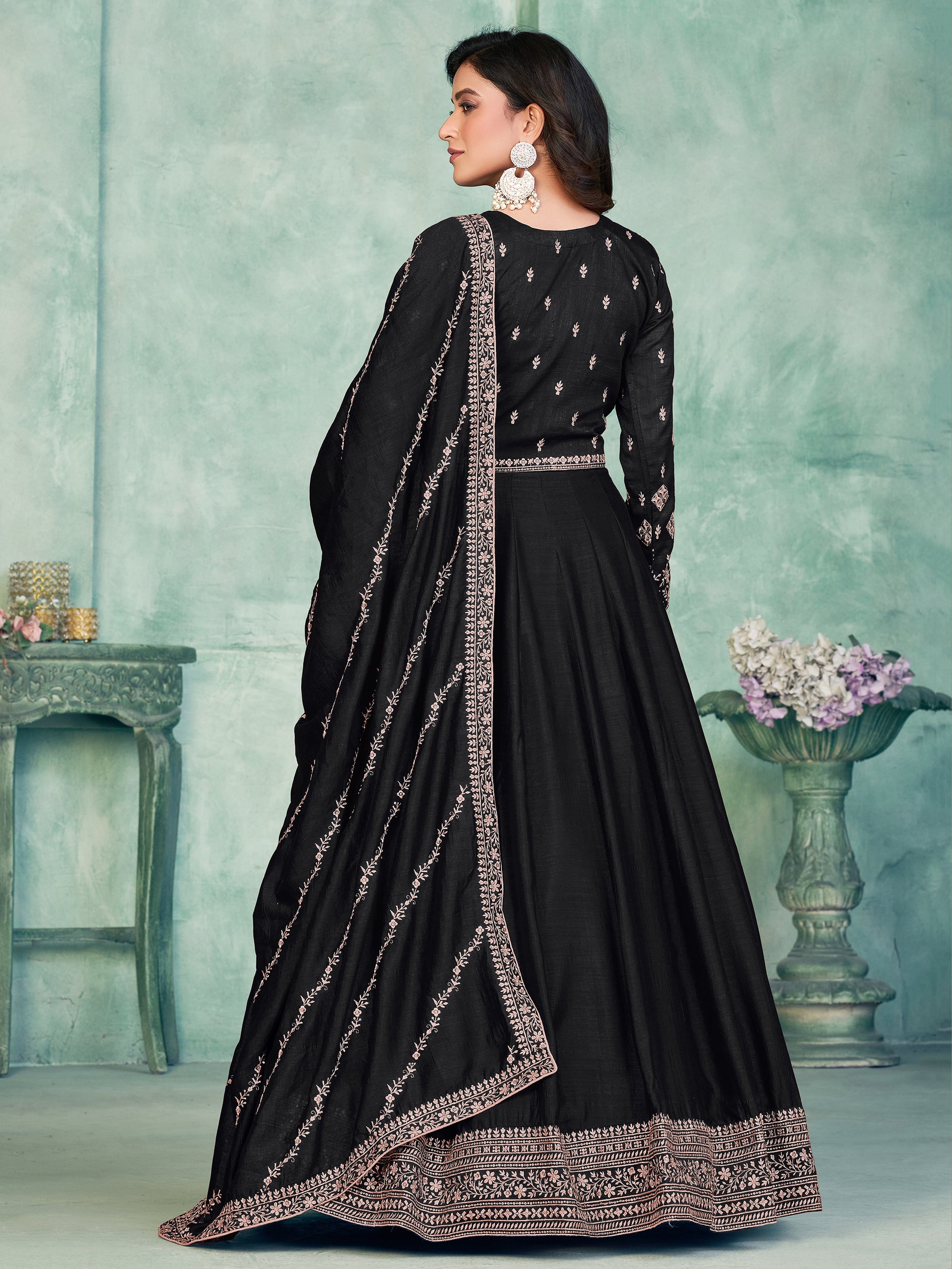 Beautiful Black Sequins Silk Reception Wear Gown With Dupatta