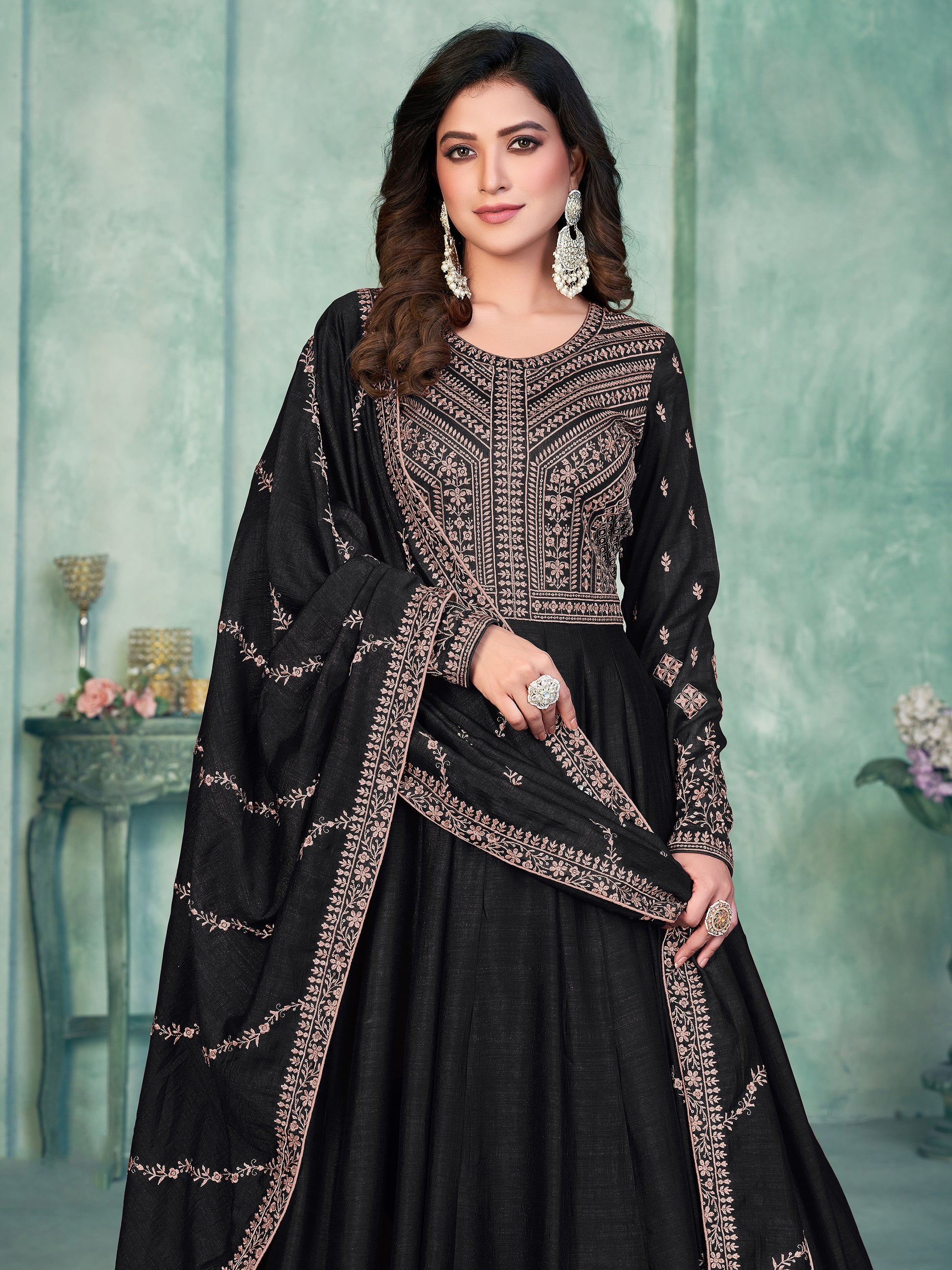 Beautiful Black Sequins Silk Reception Wear Gown With Dupatta