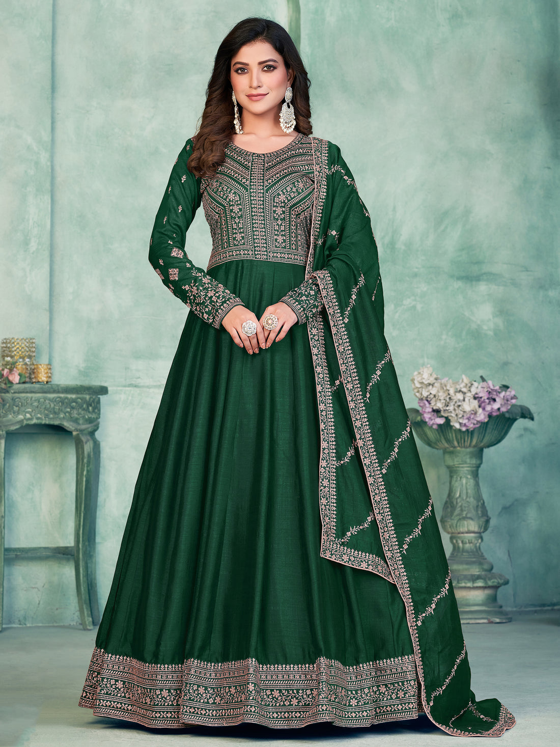 Sparkling Green Thread Embroidered Silk Mehendi Wear Gown 