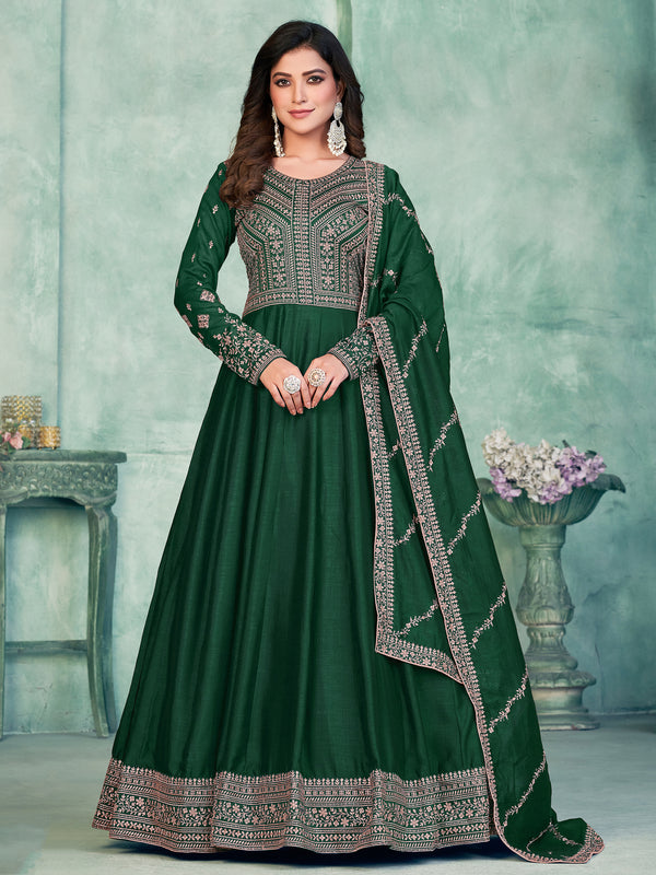 Sparkling Green Thread Embroidered Silk Mehendi Wear Gown 