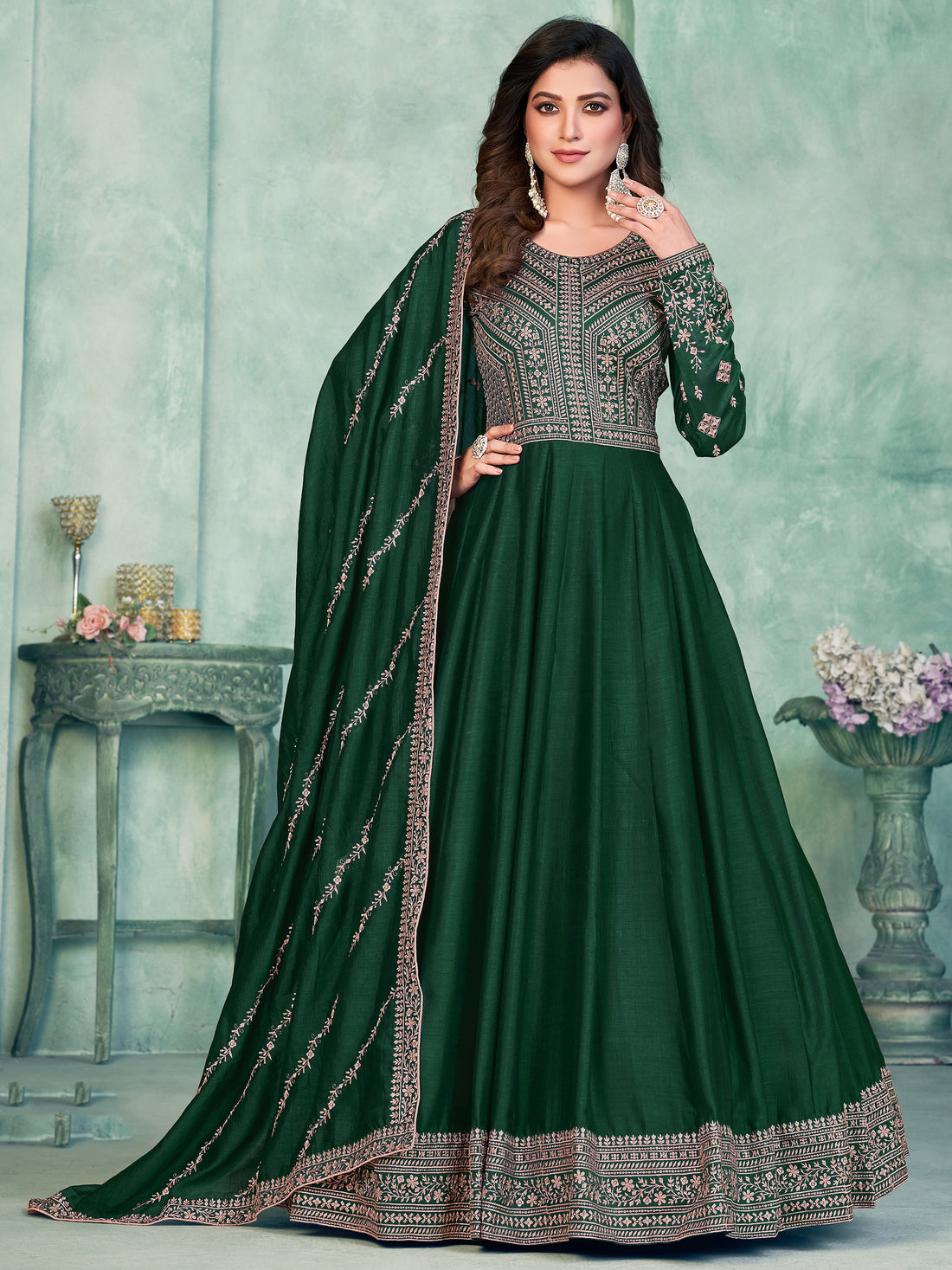 Sparkling Green Thread Embroidered Silk Mehendi Wear Gown 