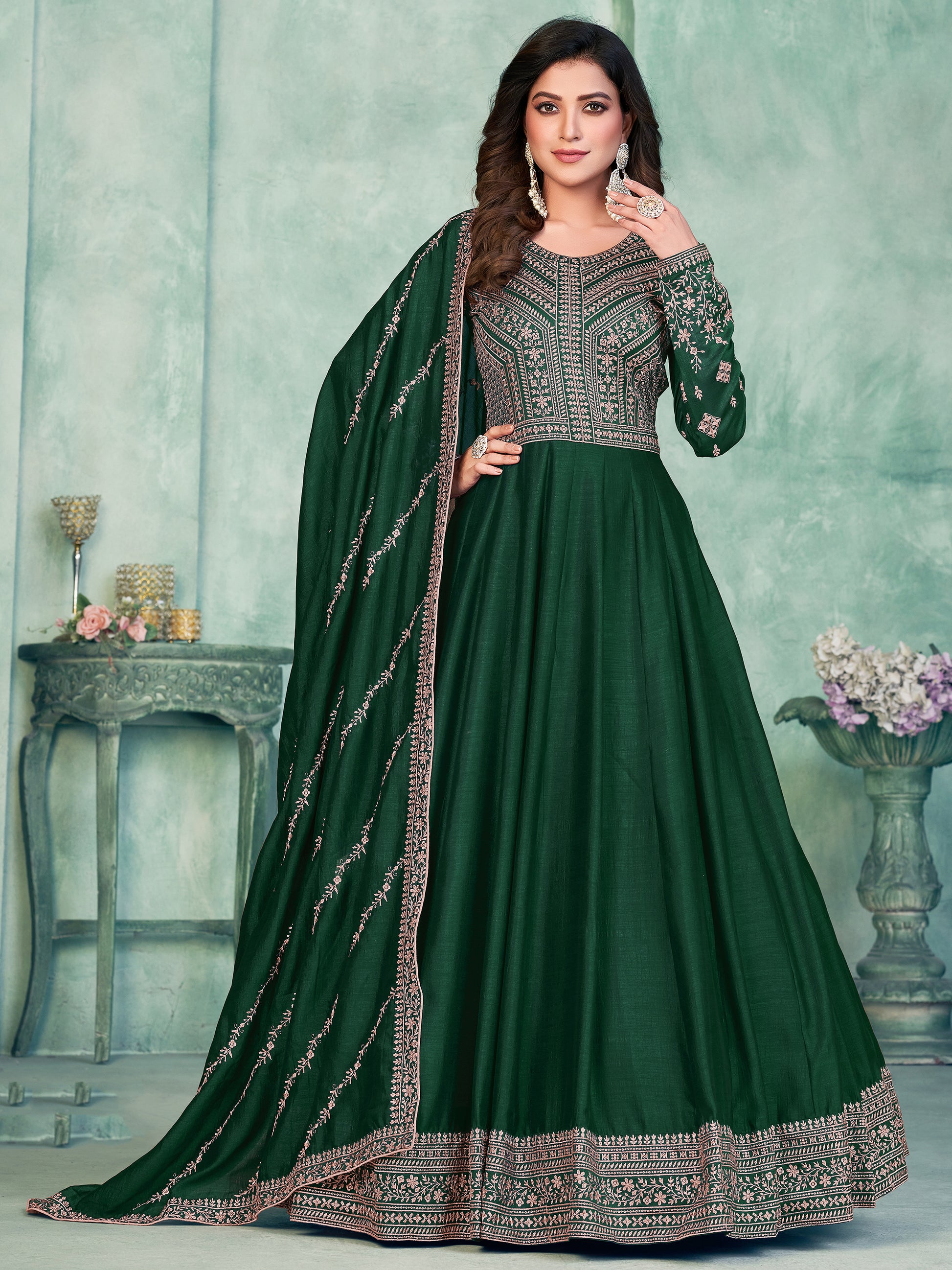 Sparkling Green Thread Embroidered Silk Mehendi Wear Gown 