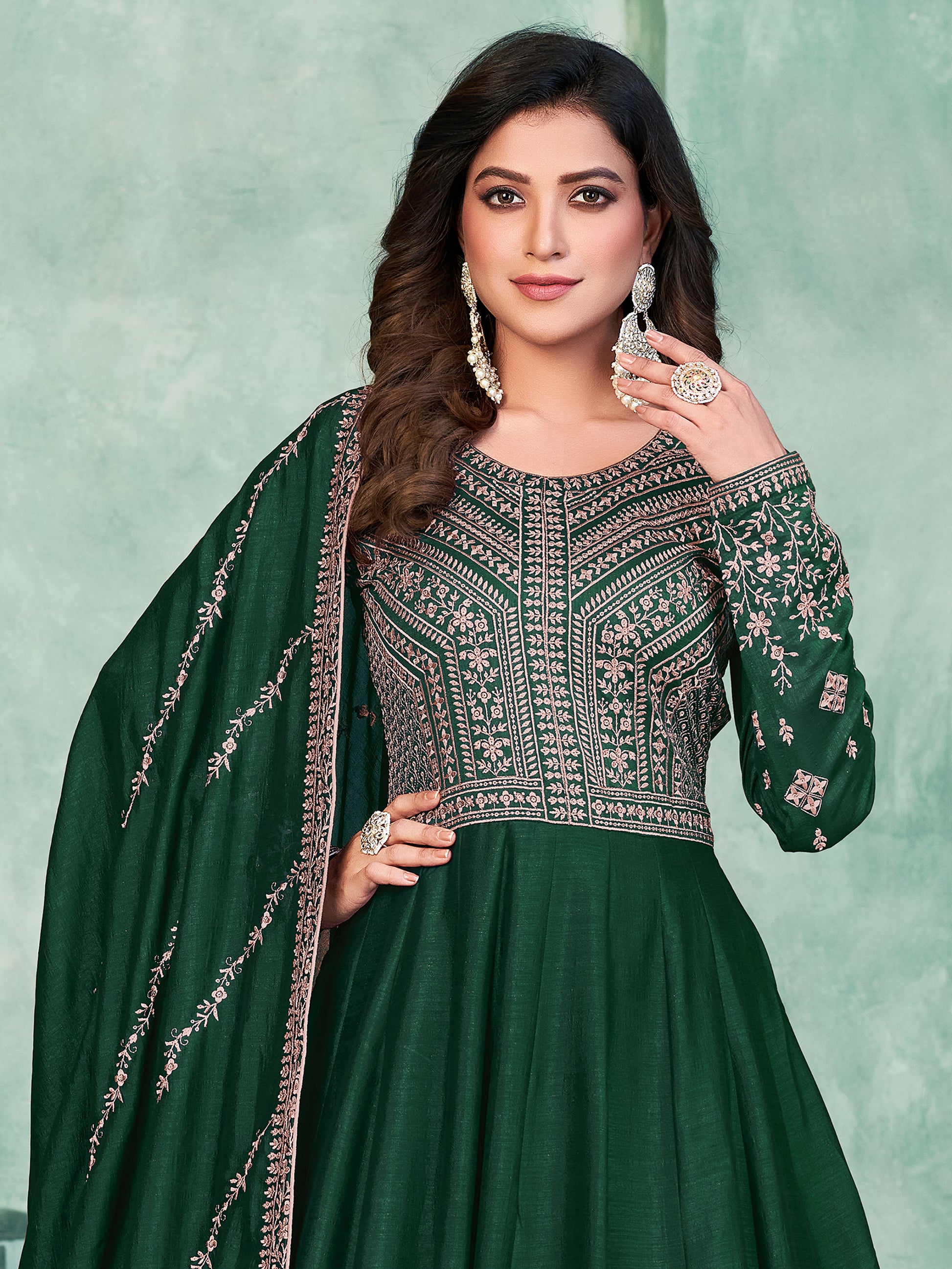 Sparkling Green Thread Embroidered Silk Mehendi Wear Gown 
