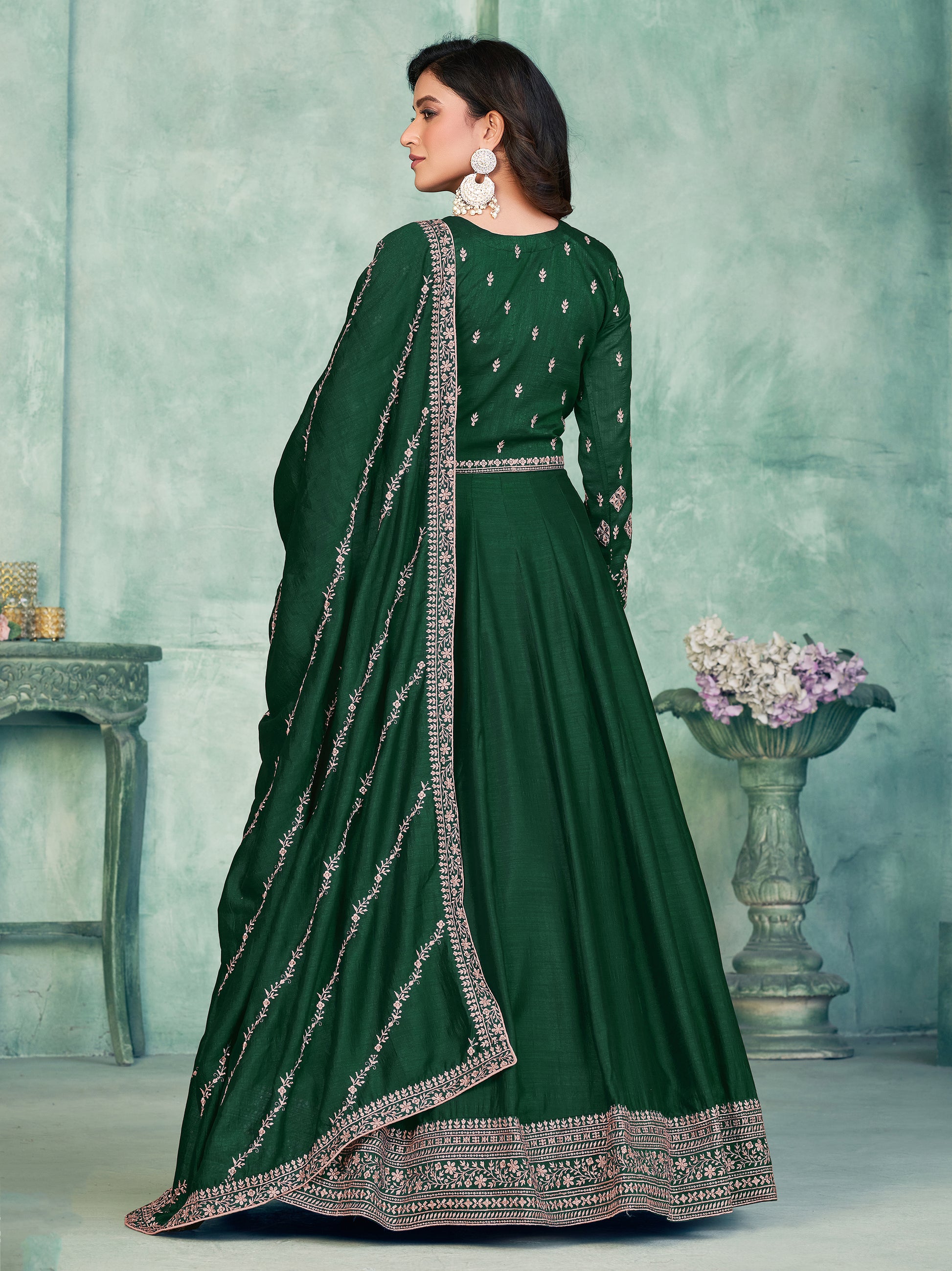Sparkling Green Thread Embroidered Silk Mehendi Wear Gown 