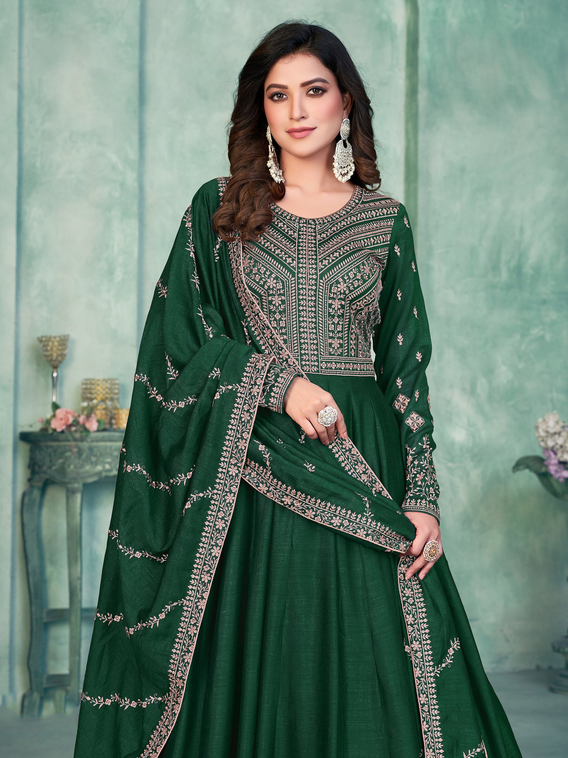 Sparkling Green Thread Embroidered Silk Mehendi Wear Gown 