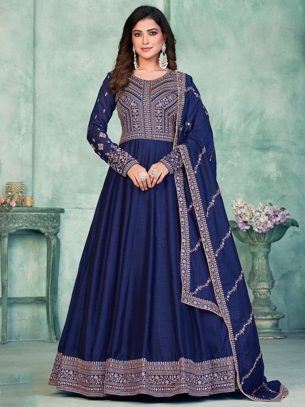 Charming Navy Blue Sequins Silk Engagement Wear Gown