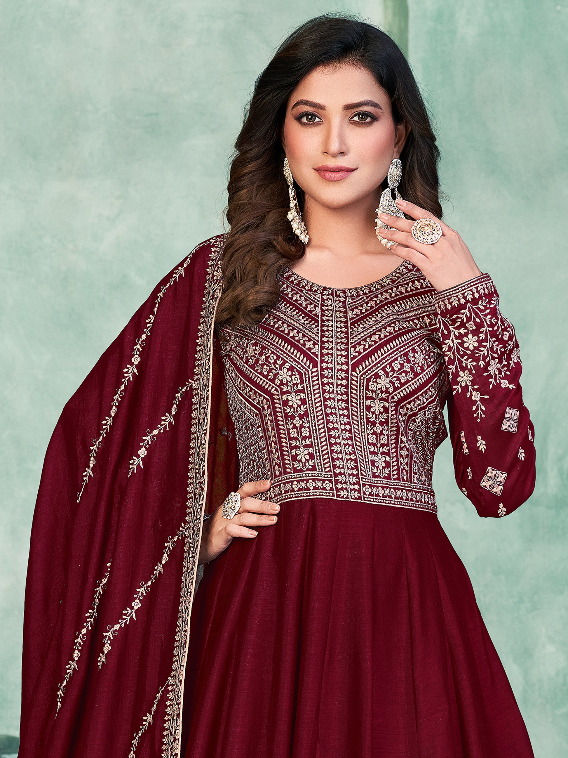 Lavish Maroon Thread Embroidered Silk Wedding Gown With Dupatta