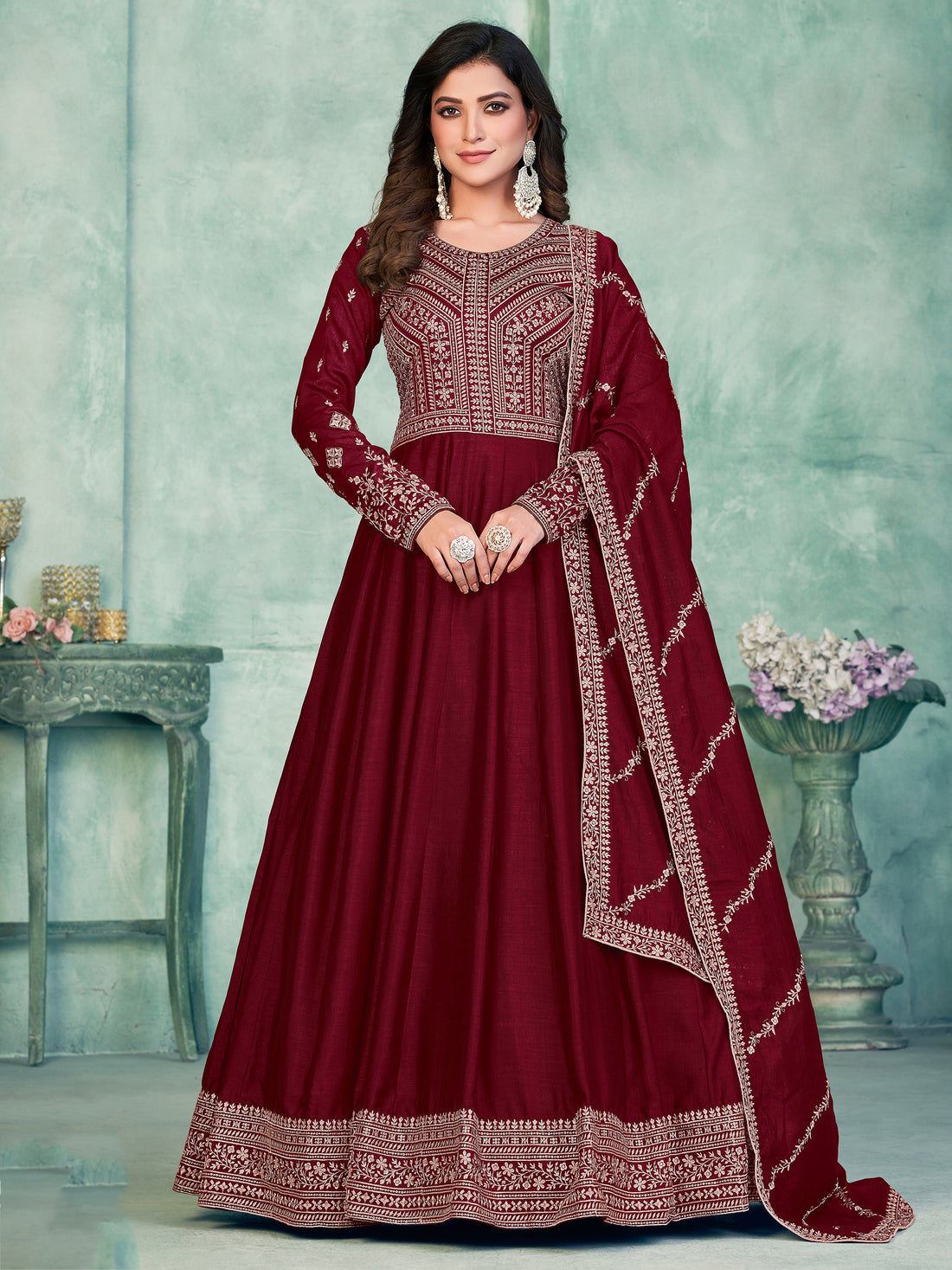Lavish Maroon Thread Embroidered Silk Wedding Gown With Dupatta