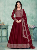 Lavish Maroon Thread Embroidered Silk Wedding Gown With Dupatta