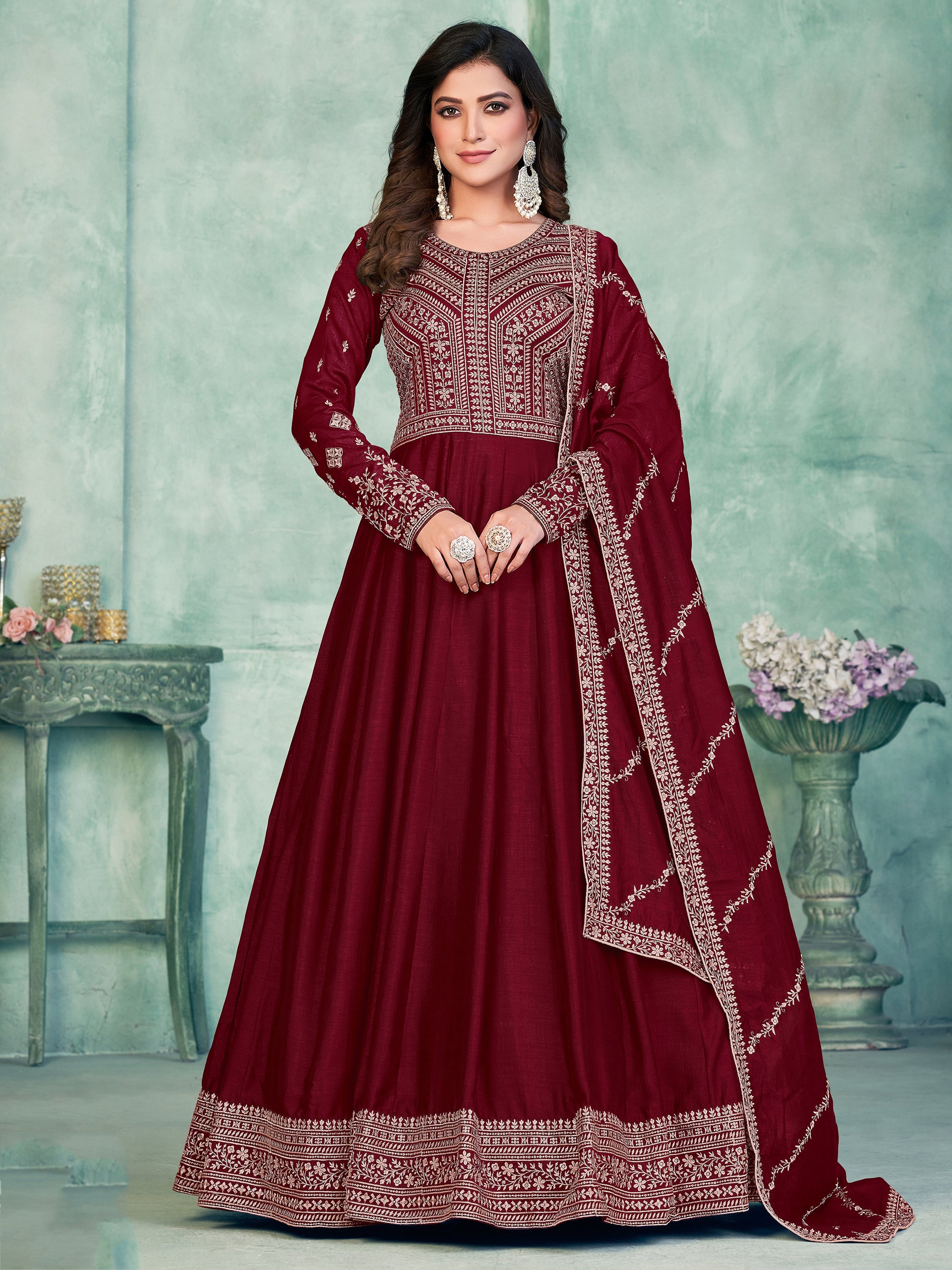 Lavish Maroon Thread Embroidered Silk Wedding Gown With Dupatta