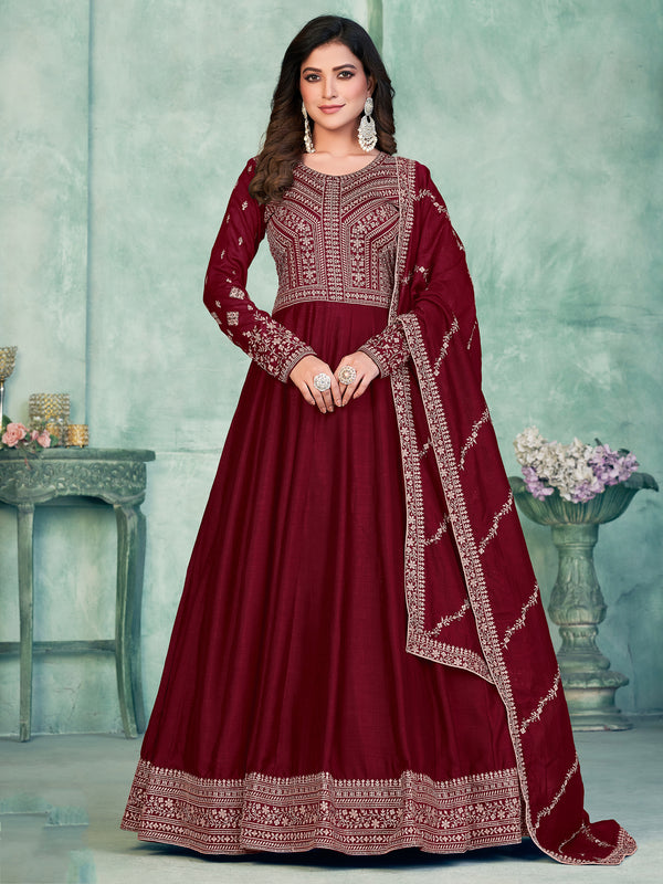 Lavish Maroon Thread Embroidered Silk Wedding Gown With Dupatta