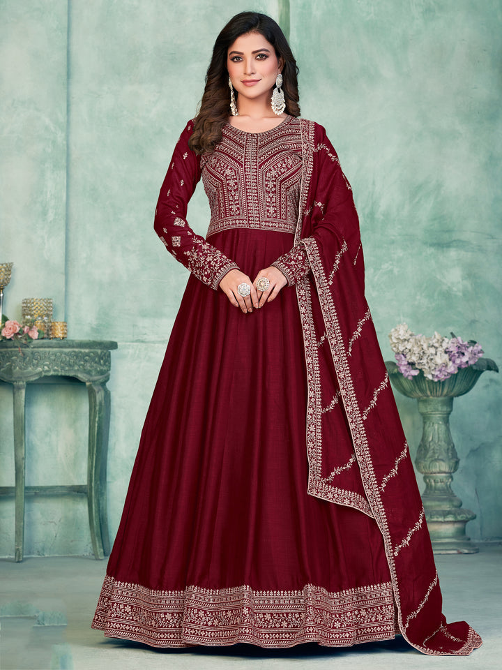 Lavish Maroon Thread Embroidered Silk Wedding Gown With Dupatta