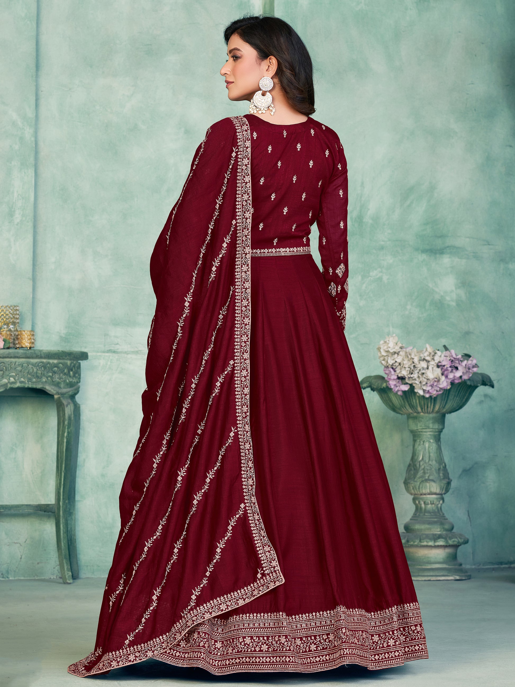 Lavish Maroon Thread Embroidered Silk Wedding Gown With Dupatta