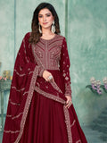 Lavish Maroon Thread Embroidered Silk Wedding Gown With Dupatta