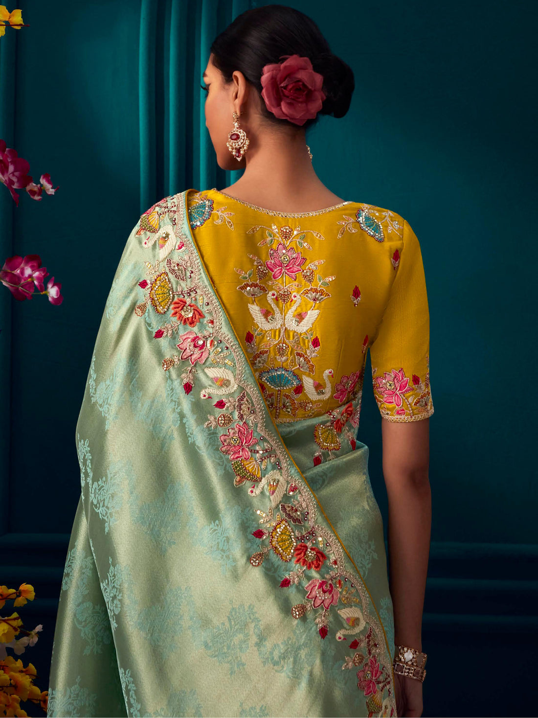 Marvelous Mint Green Embroidered Kanjivaram Silk Designer Saree