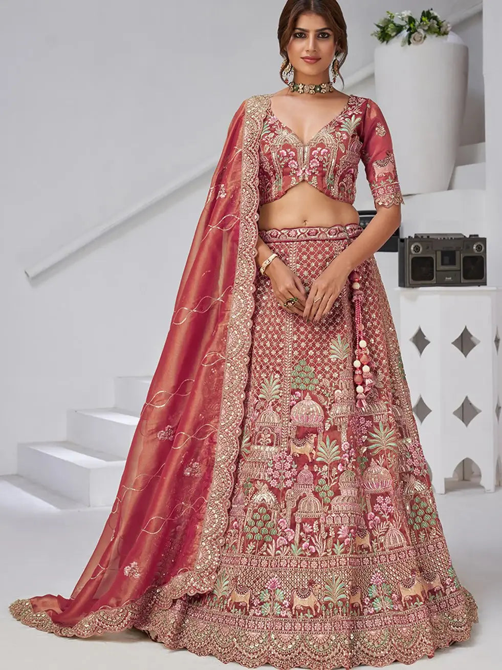 Sensational Pink Thread Work Organza Bridal Lehenga Choli With Dupatta